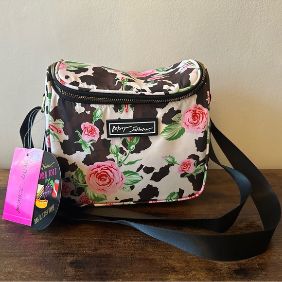 Betsey Johnson Lunch Tote Pink Floral and Brown Cow Print Lunch Bag W/ Strap NWT - Picture 1 of 6